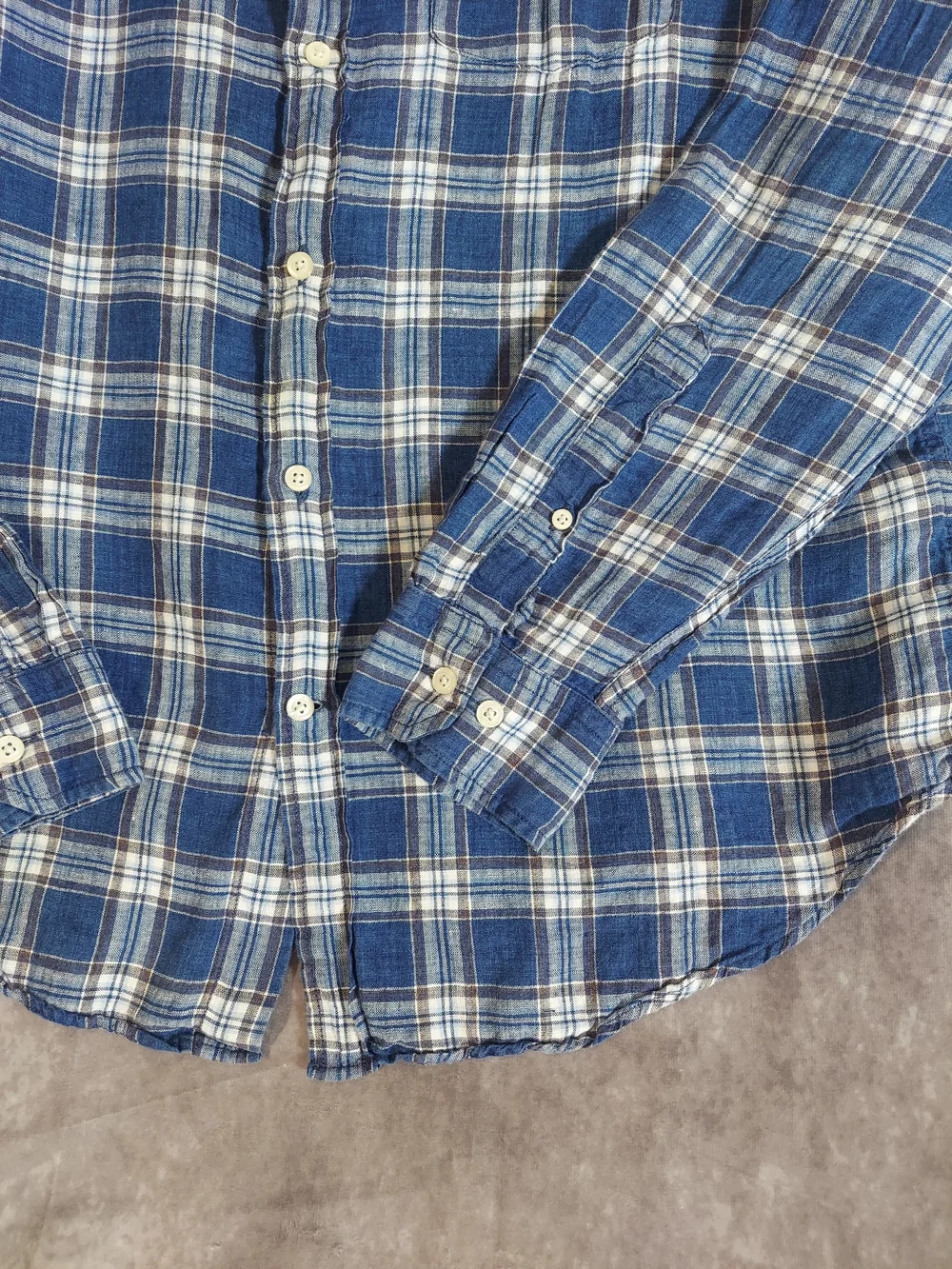 Banana Republic Linen Plaid Shirt Men L Camden Standard Fit Blue White Plaid LS